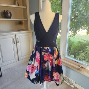 Xscape Navy Backless Dress with Floral Design